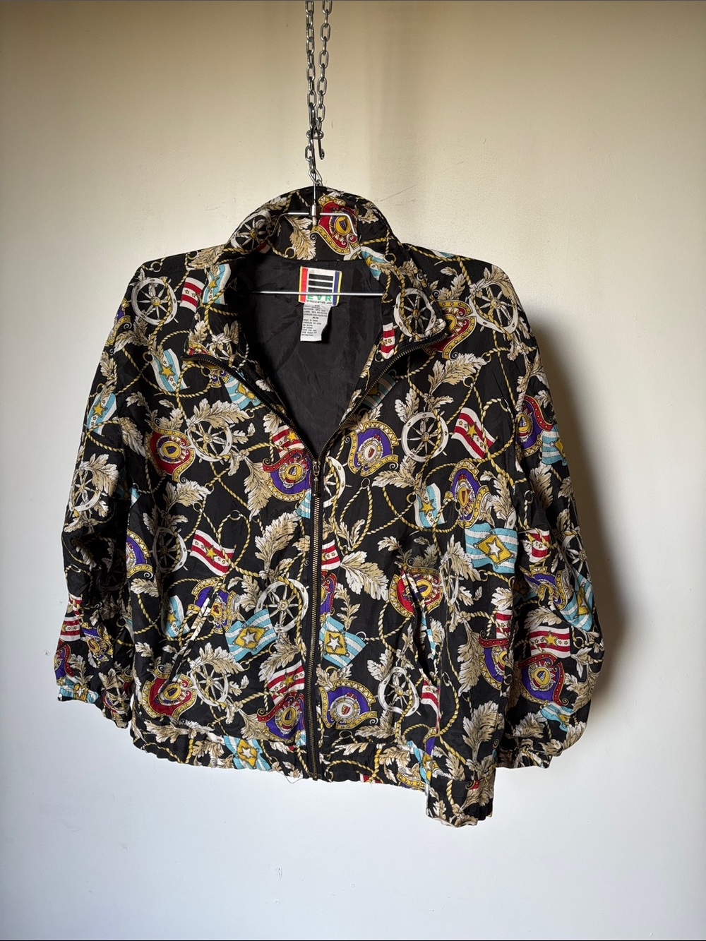 Vintage Silk Printed Windbreaker Gold Chain Zip Nautical Motifs
